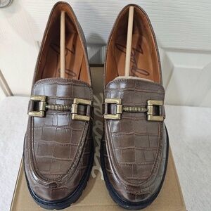 Zodiac Croc-Embossed Brown Loafers with Gold Detail